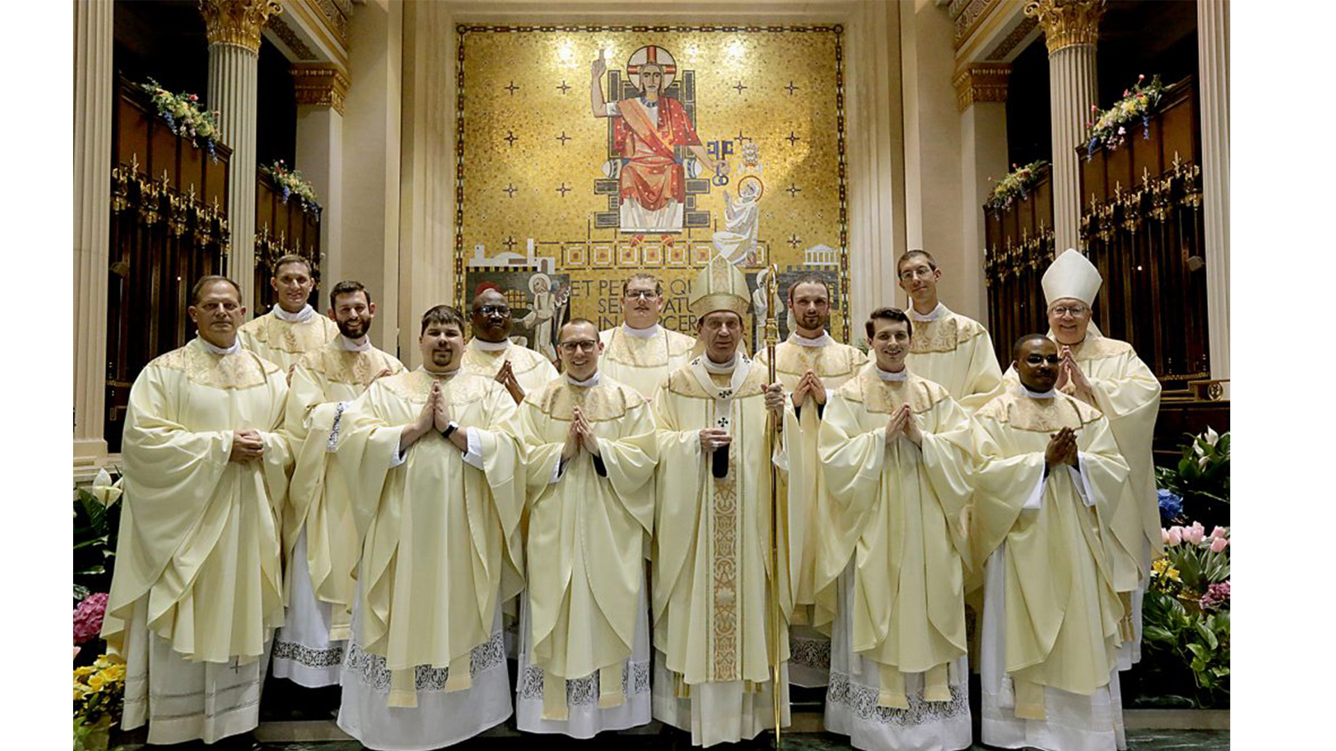Ordination 2019: Front Row from L to R: Father Anthony Brausch, Father Mark Bredstege, Father Jeff Stegbauer, Archbishop Dennis M. Schnurr, Father Andrew Hess, Father Alex Biryomumeisho; Back Row L to R, Father Ambrose Dobrozsi, Father Elias Mwesigye, Father Zach Cecil, Father Jedidiah Tritle, Father Christian Cone-Lombarte, and Bishop Joseph Binzer (CT Photo/E L Hubbard)